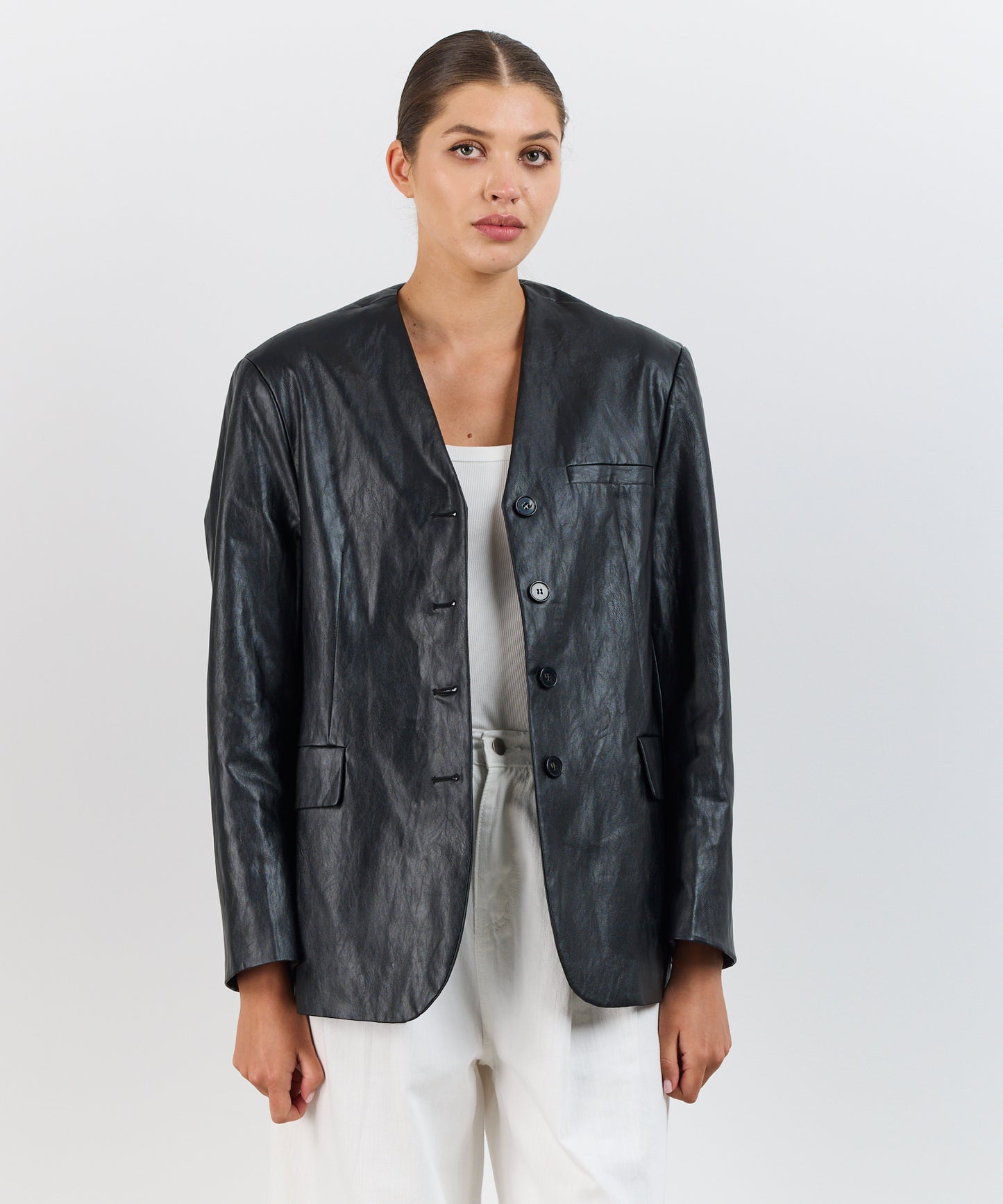 COLLAR-LESS LEATHER BLAZER