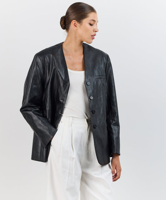 COLLAR-LESS LEATHER BLAZER