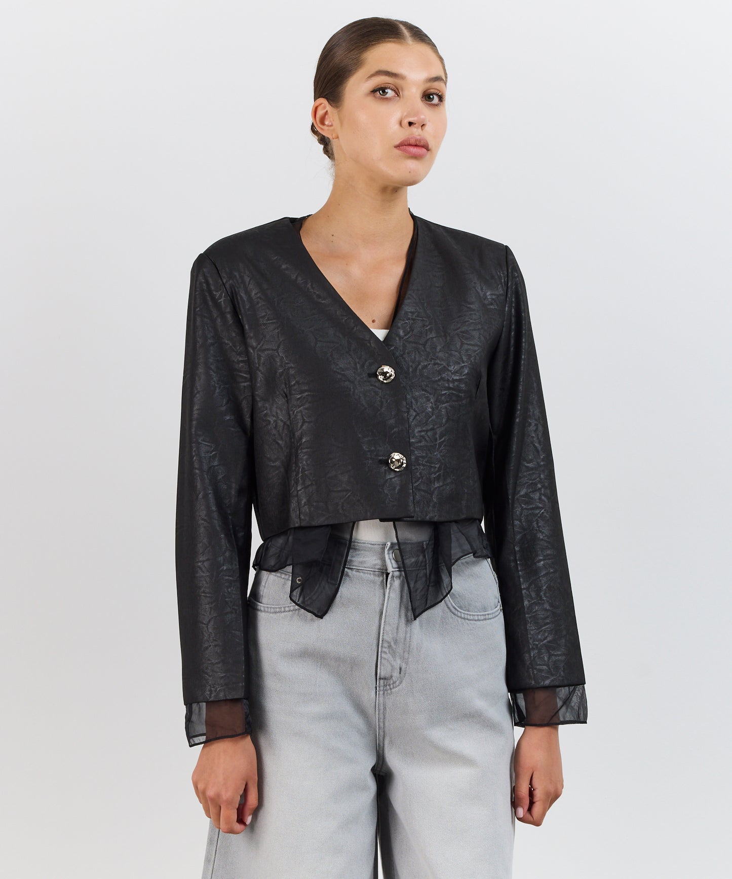 SHEER TRIM LEATHER BLAZER