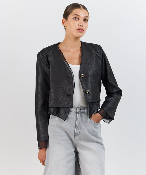 SHEER TRIM LEATHER BLAZER