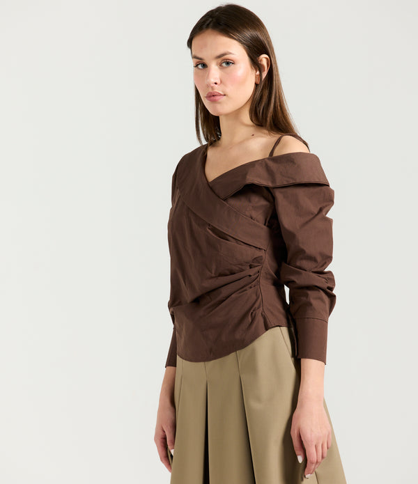 DRAPED SHOULDERS BROWN SHIRT