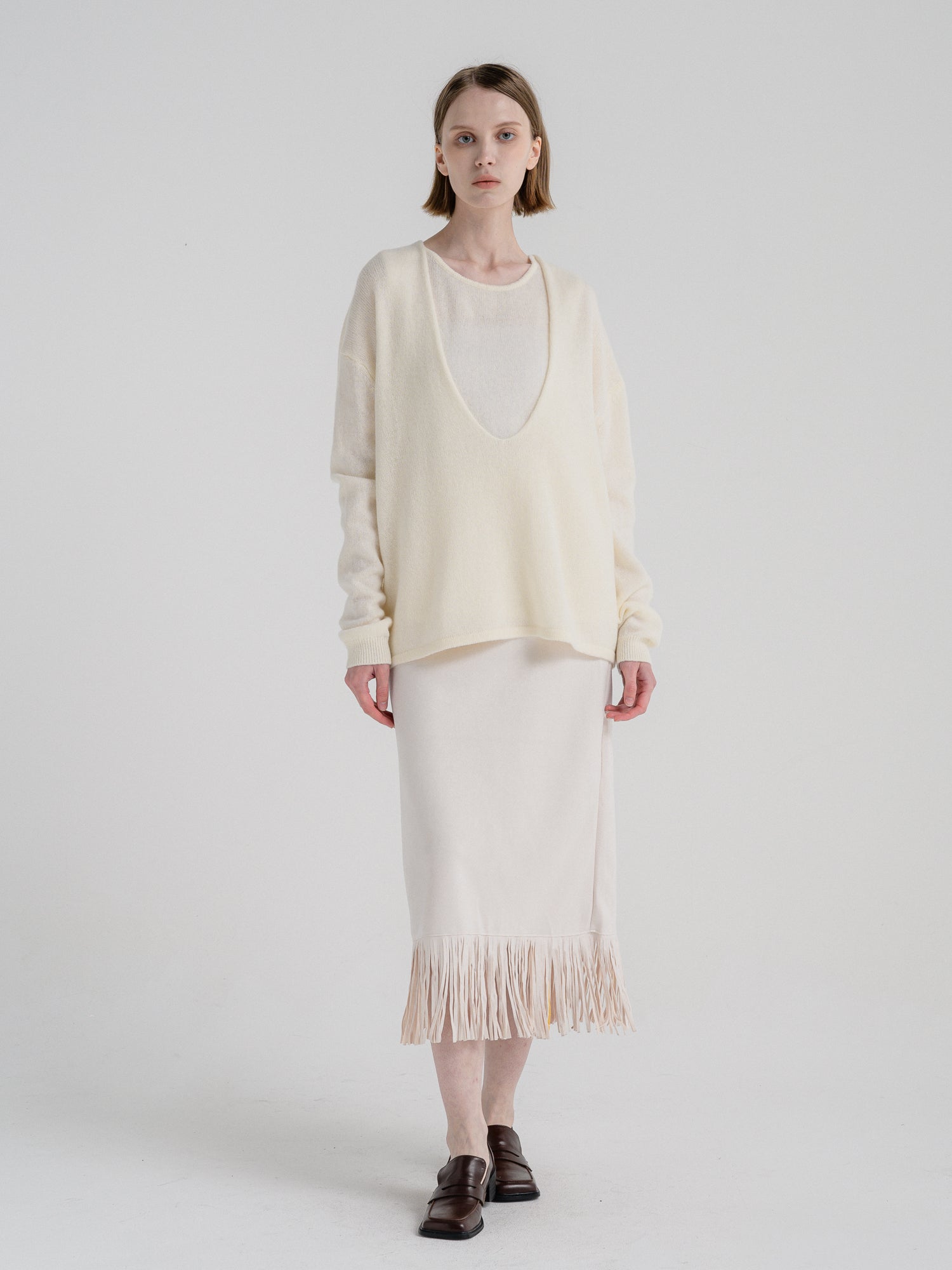 IVORY SUEDE FRINGE SKIRT