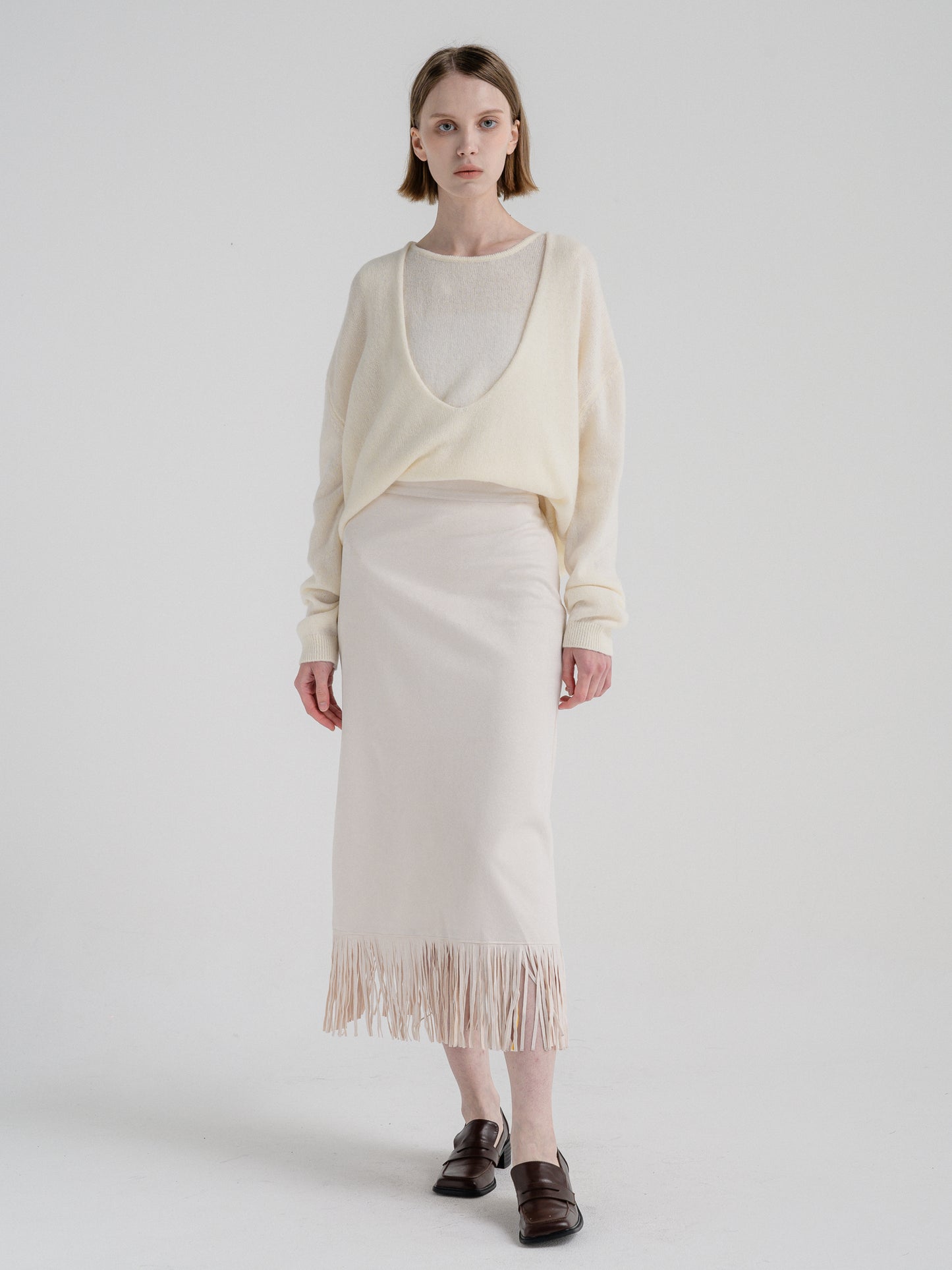 IVORY SUEDE FRINGE SKIRT