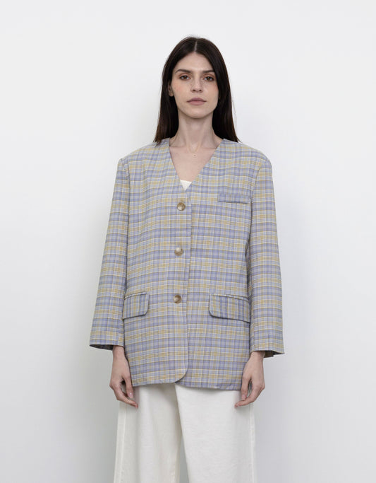 PLAID COLLAR-LESS BLAZER