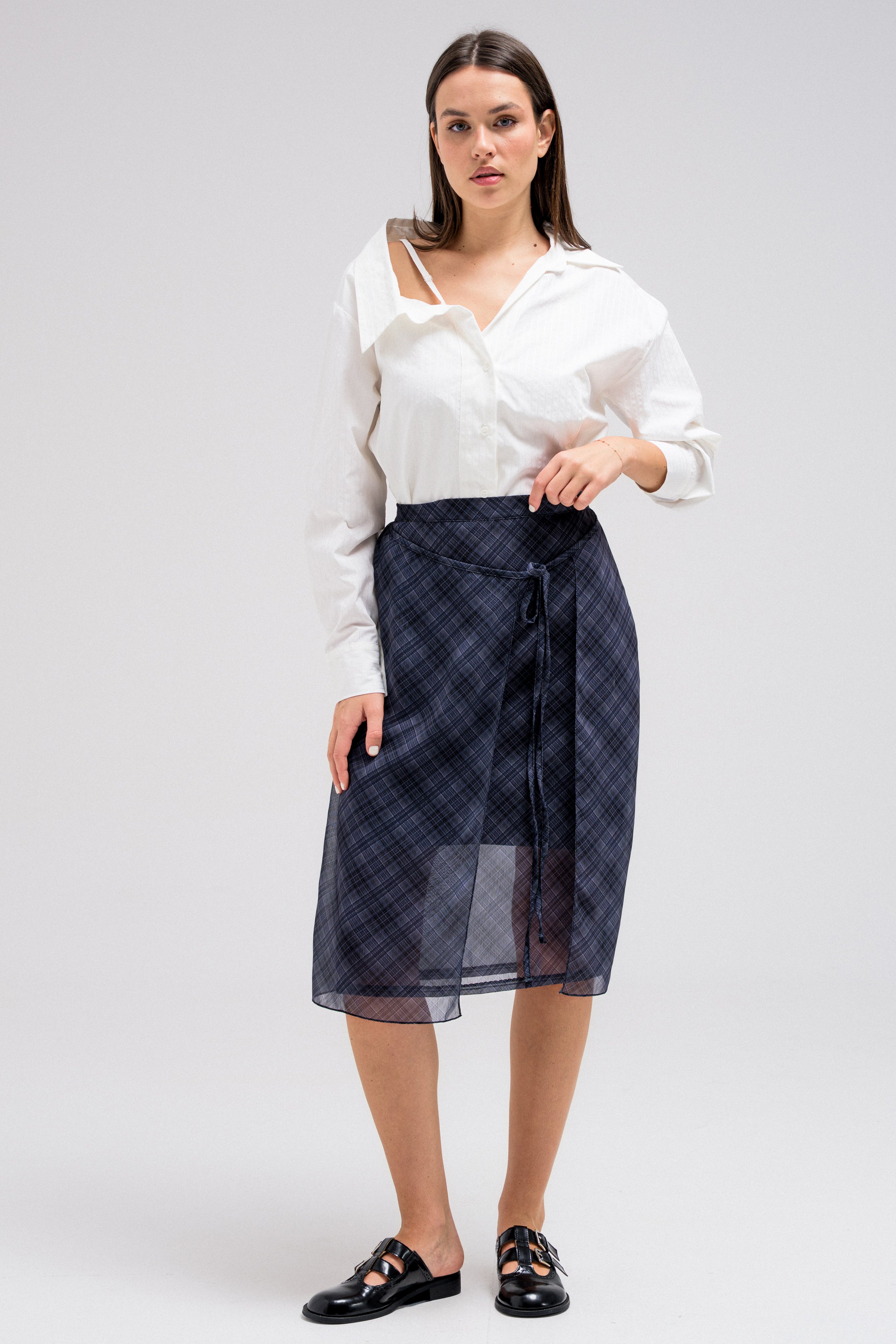 SHEER CHECKERED WRAP SKIRT