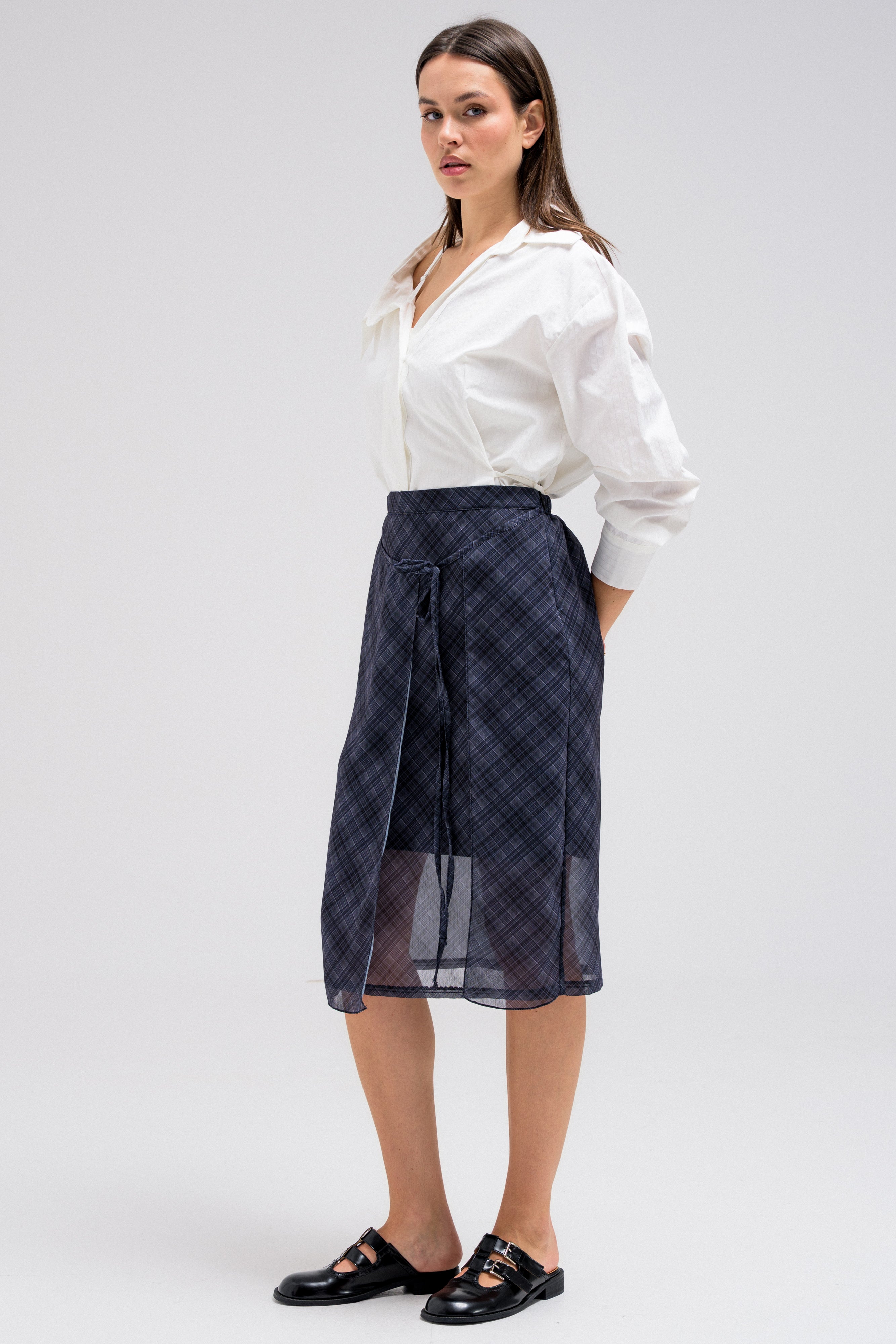 SHEER CHECKERED WRAP SKIRT