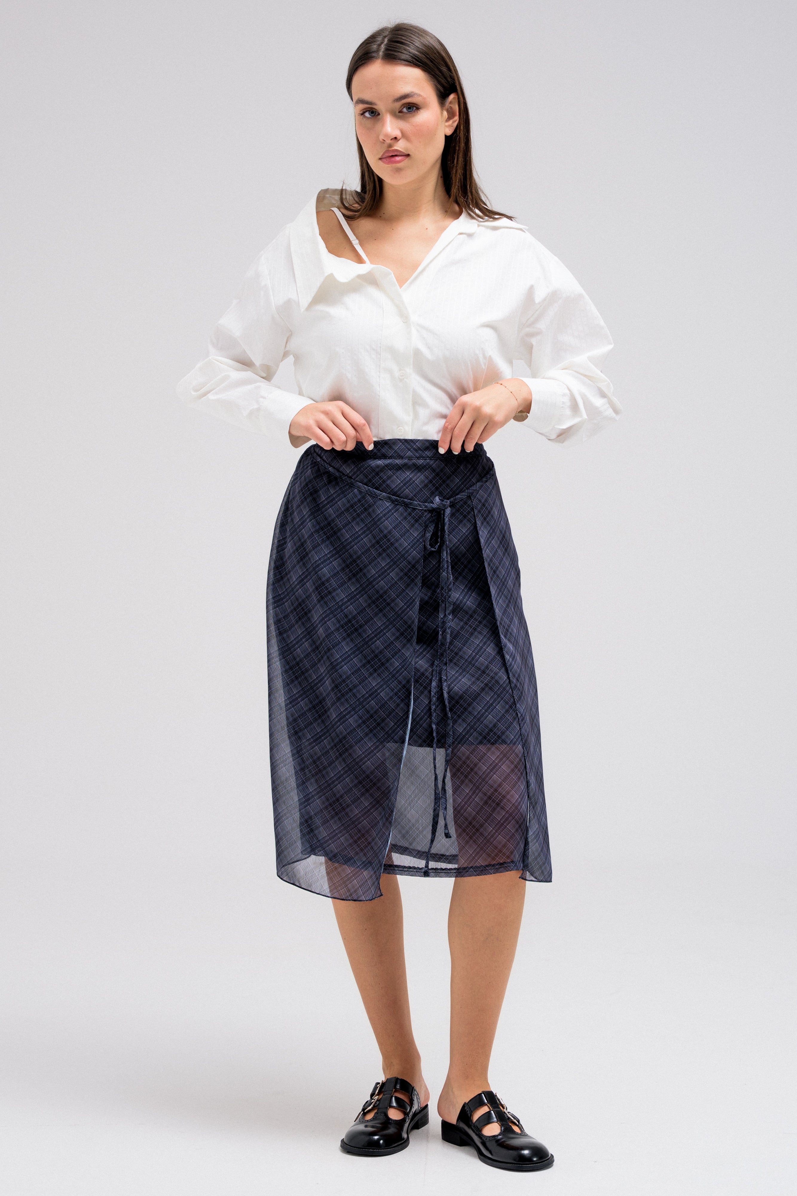 SHEER CHECKERED WRAP SKIRT