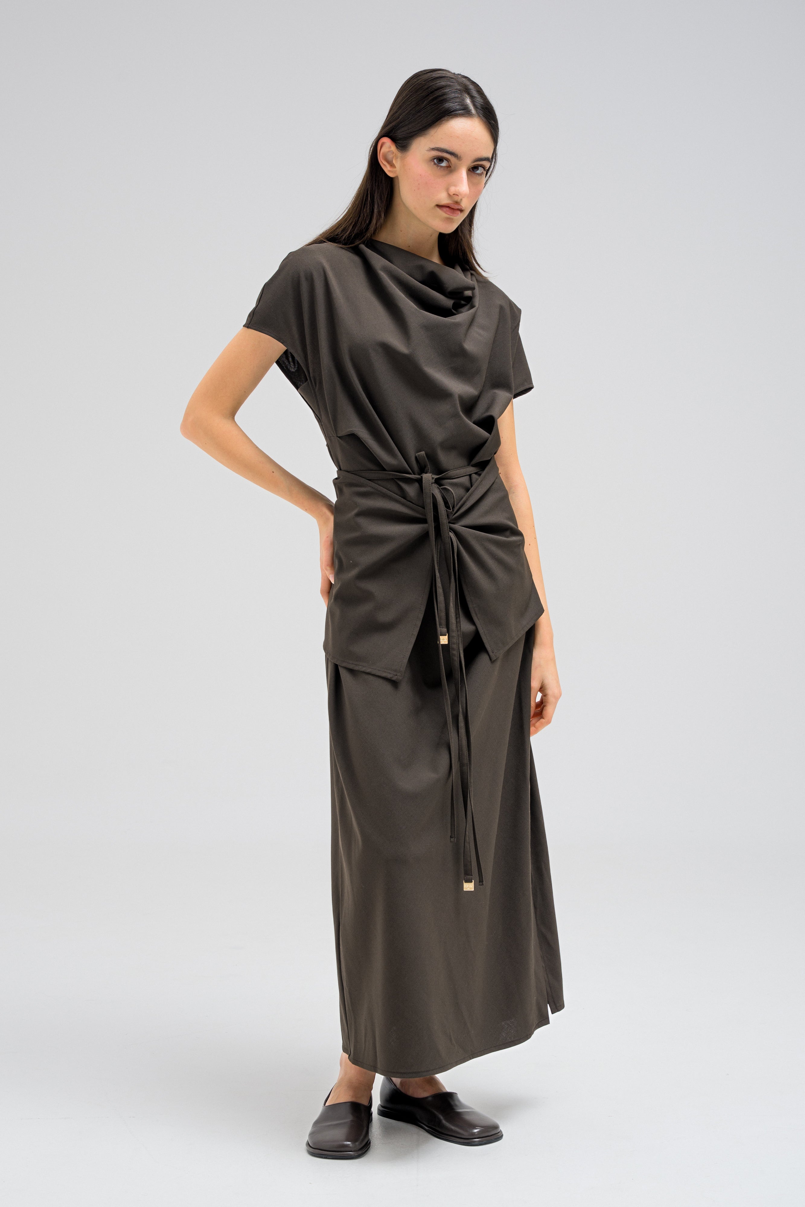COWL WRAP MIDI DRESS