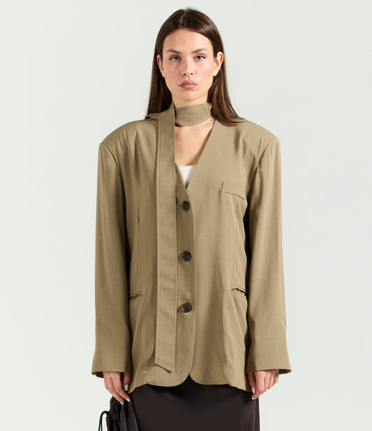 BEIGE BELTED COLLAR-LESS BLAZER