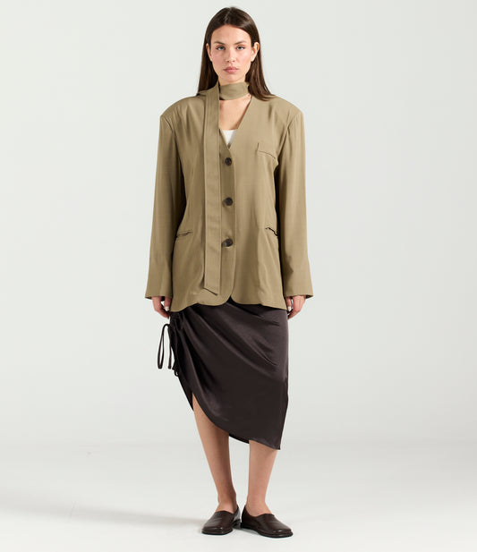 BEIGE BELTED COLLAR-LESS BLAZER