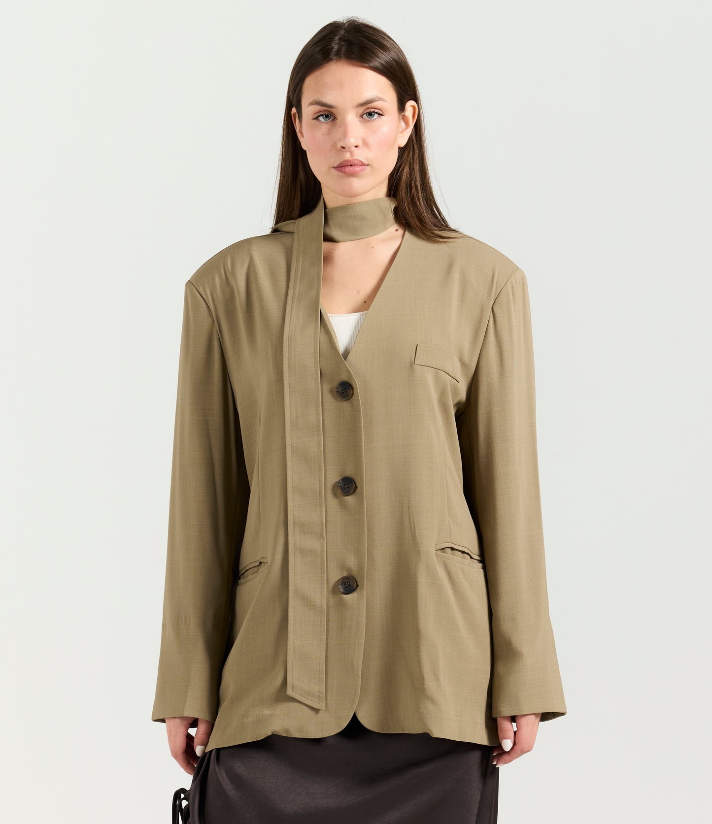 BEIGE BELTED COLLAR-LESS BLAZER