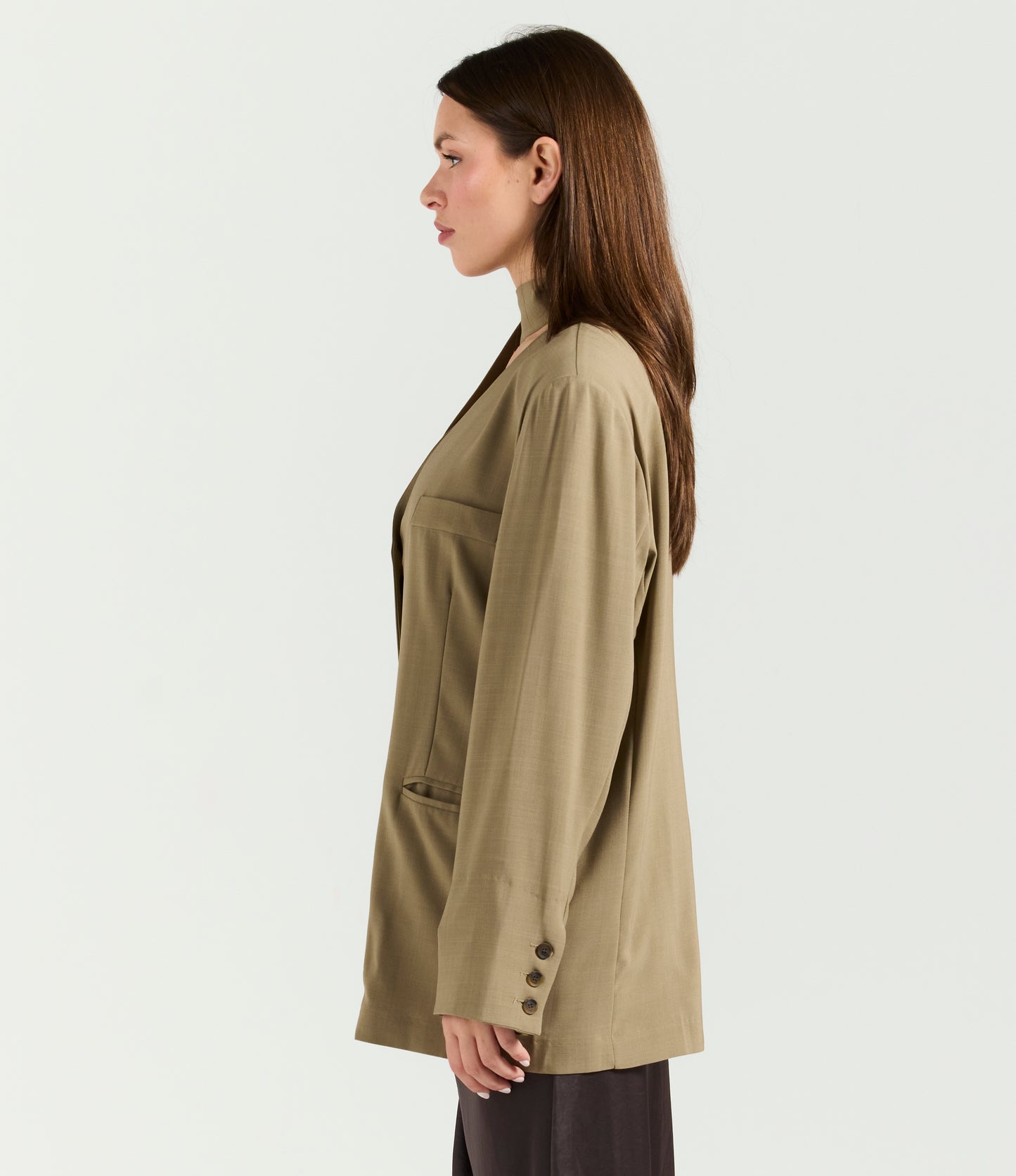 BEIGE BELTED COLLAR-LESS BLAZER