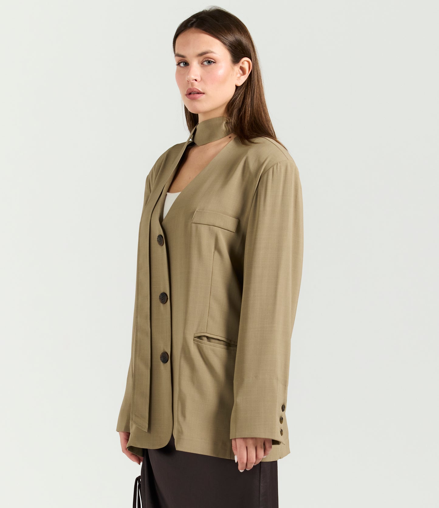 BEIGE BELTED COLLAR-LESS BLAZER