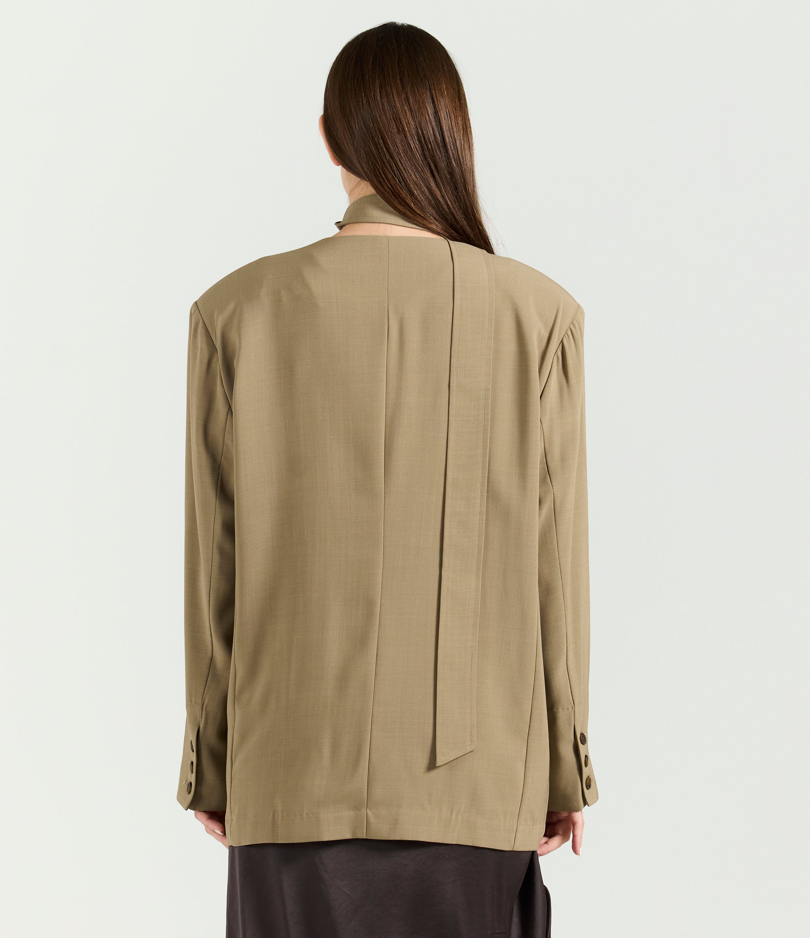 BEIGE BELTED COLLAR-LESS BLAZER